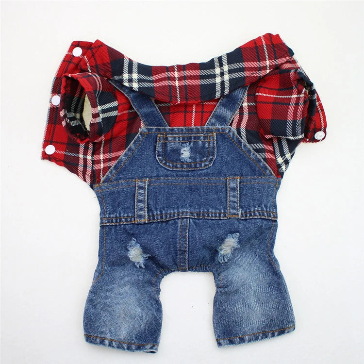 Black Dog Denim Jumpsuit Plaid Shirt Overalls for Dogs, Spring Clothes for Small Dogs Puppy Yorkie Jeans Jacket Pet Apparel
