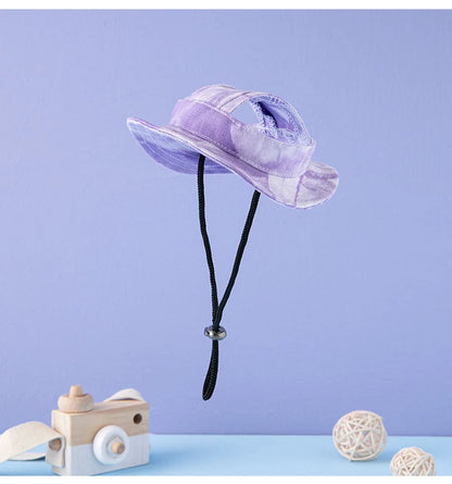 Adjustable Dog Hat Fashion Tie-dyed Pet Bucket Hats with Ear Holes Round Brim Dog Cap Outdoor Sun Bonnet Cat Cap Pet Accessories