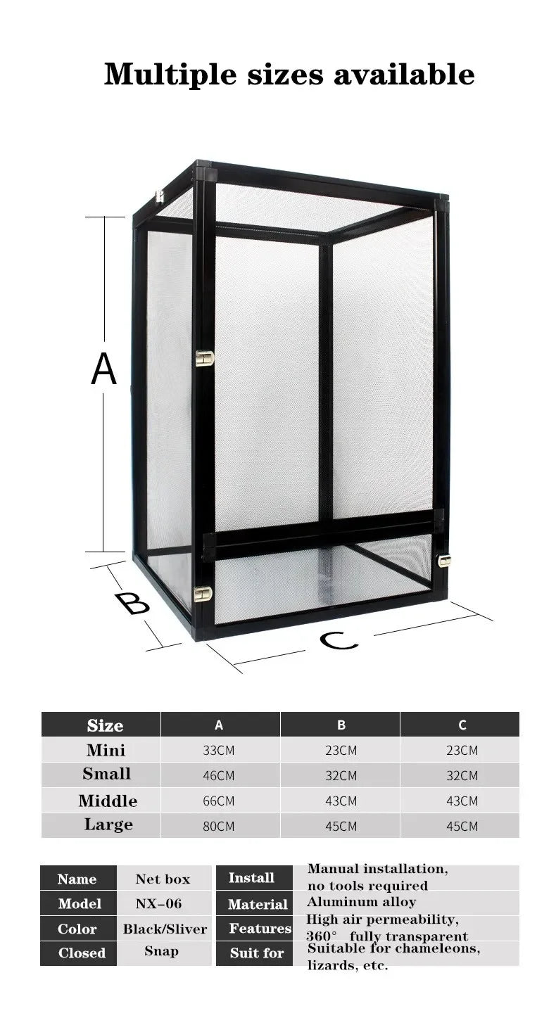 Reptile Detachable Habitat Tank Terrarium Transparent Aluminium Air Screen Cage Front Opening Door Full View Lizard Chameleon