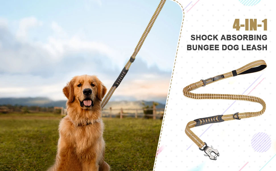 Tactical Retractable Dog Leash, Reflective Shock Absorbing, Quick Release Clip Double Handle with Car Seatbelt, for Large Dogs