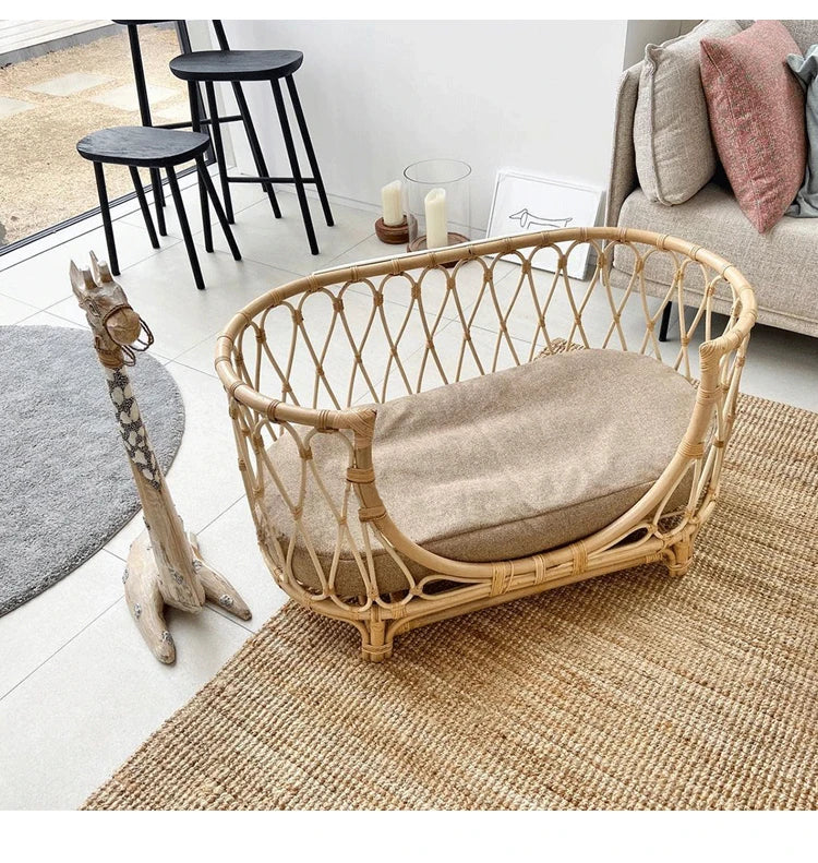 Japanese ins natural rattan dog cat pet bed teddy kennel princess bed summer removable cage