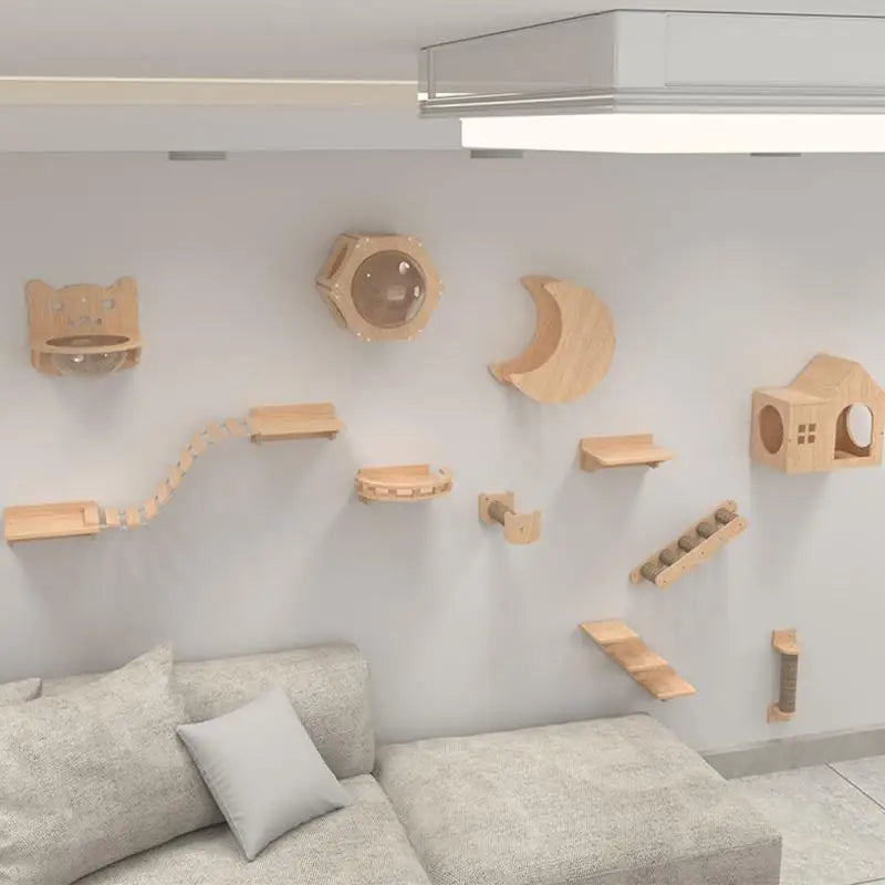 Wall Mounted Cat Shelves and Rope Ladder Scratching Post for Cat Furniture Wooden Jumping Platform Kitty Playing and Sleeping