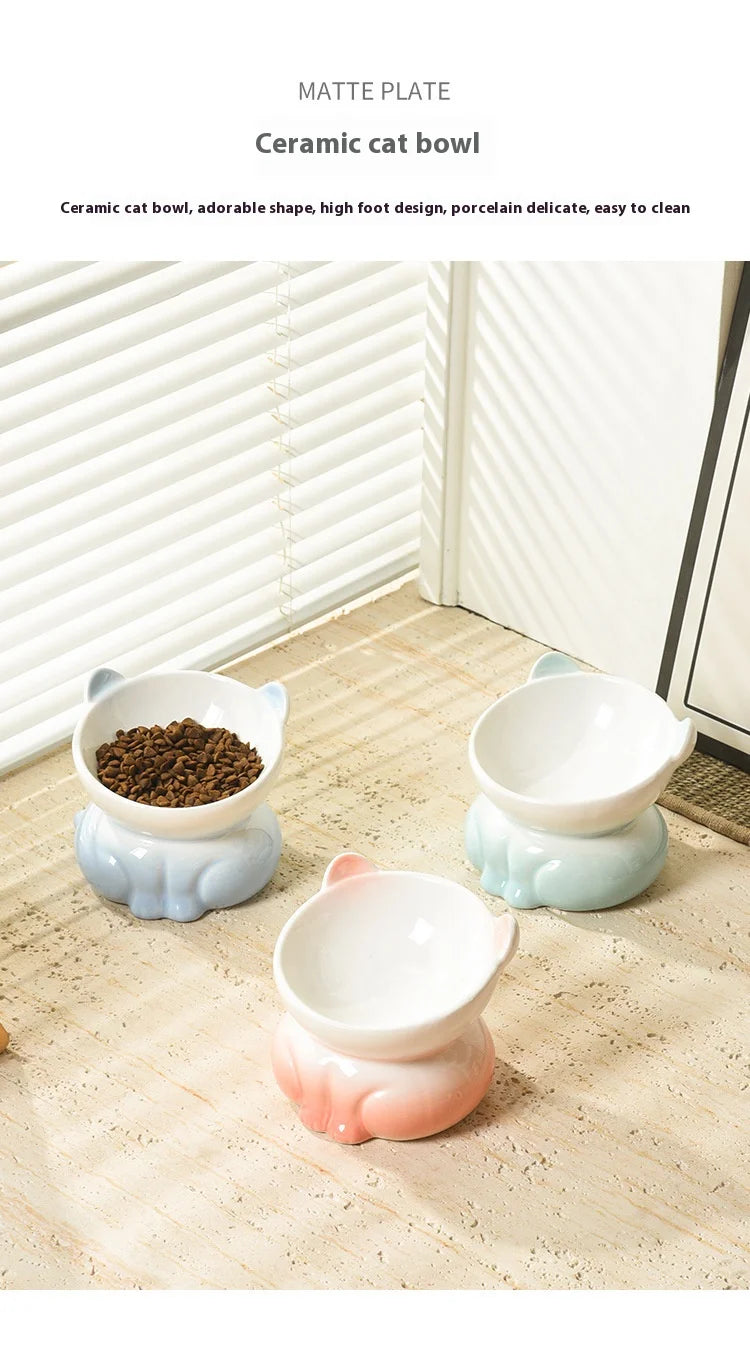 Cat Bowl Ceramic High Foot Diagonal Mouth Neck Protection Cat Food Bowl Large Diameter Drinking Bowl Anti Overturning Cat Food B