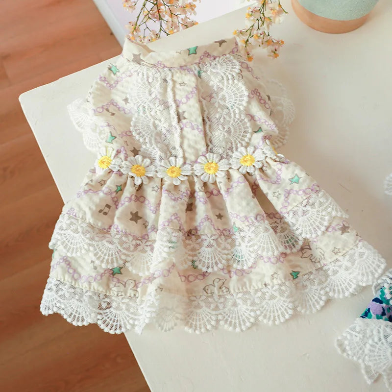 Floral Summer Clothes for Small Dogs Short Sleeve Lace Pink Sphinx Cat Dresses Princess Party Wear Breathable Pet Clothing