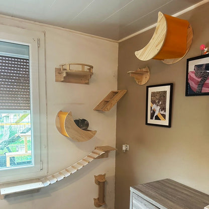 Cat Climbing Shelf Furniture Wall Mounted Cat Hammock and Wooden Stairway with Scratching Post for Cats Indoor Playing and Rest