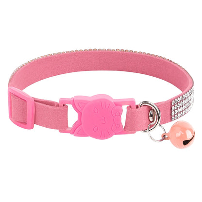 Suede Leather Cat Collar Bling Rhinestone Cats Collars with Bell Safety Breakaway Pet Puppy Necklace Adjustable XS S Pink Soft