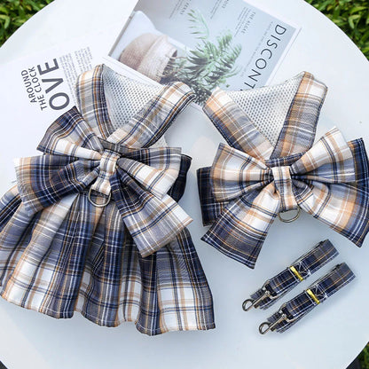 Puppy Dog Adjustable Harness Pet Plaid Skirt Cat Dog Vest Type Traction Clothes Small Dog Party Birthday Wedding Bowknot Dress