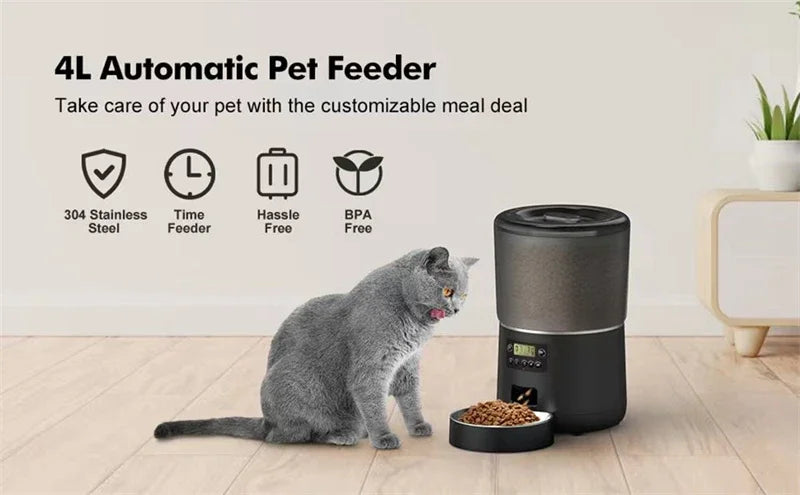 Automatic Pet Feeder 4L Capacity Smart Timer Tuya Control Food Dispenser with Stainless Steel Bowl Dogs Cats Feeding Supplies