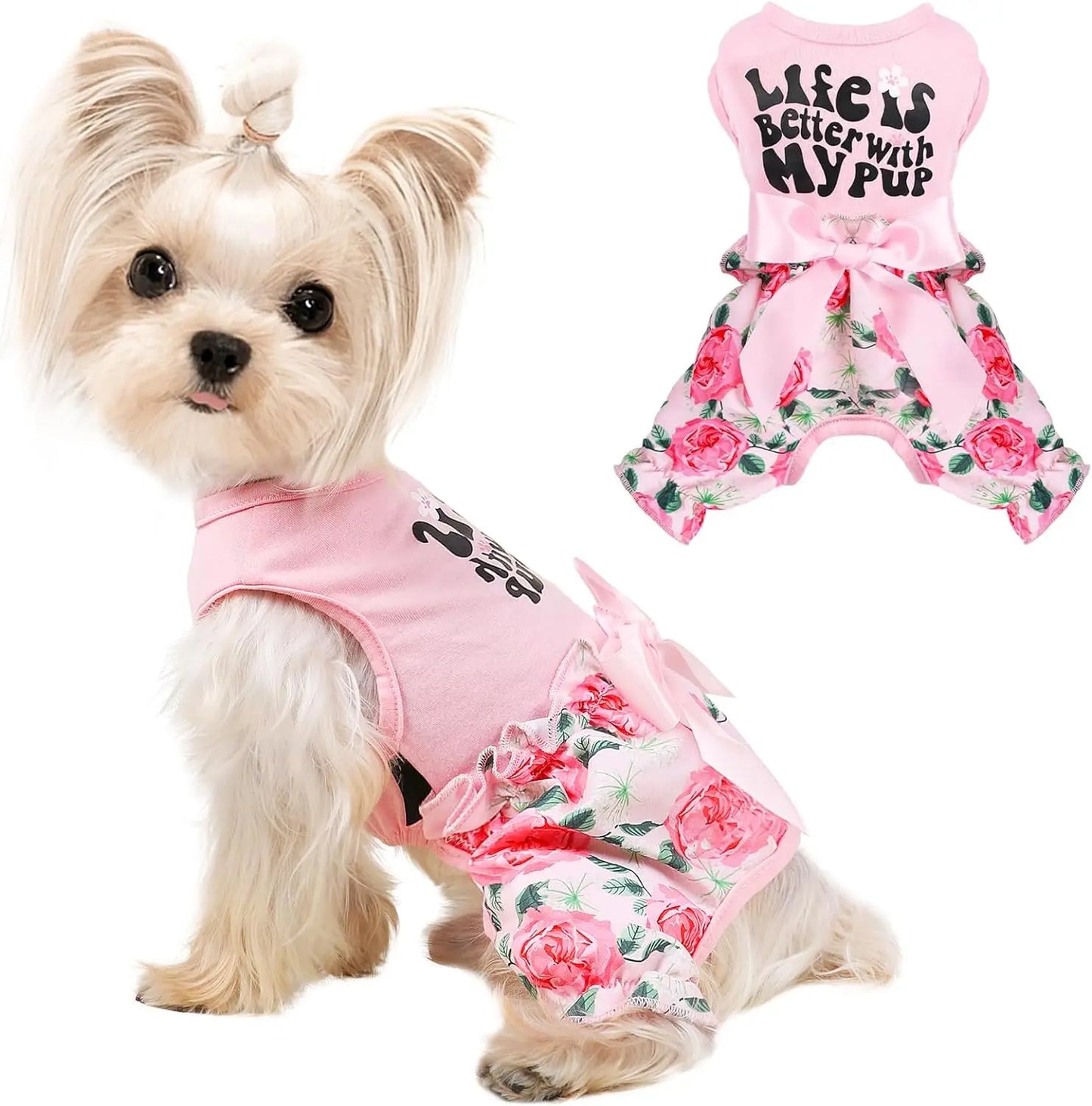 Dog Clothes for Small Dogs Girl Summer Dog Pajamas Jumpsuit, Top Puppy Shirt and Floral Pants 4 Legged Female Dog Onesie Pjs