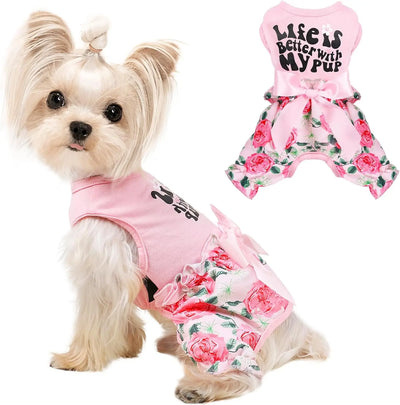 Dog Clothes for Small Dogs Girl Summer Dog Pajamas Jumpsuit, Top Puppy Shirt and Floral Pants 4 Legged Female Dog Onesie Pjs