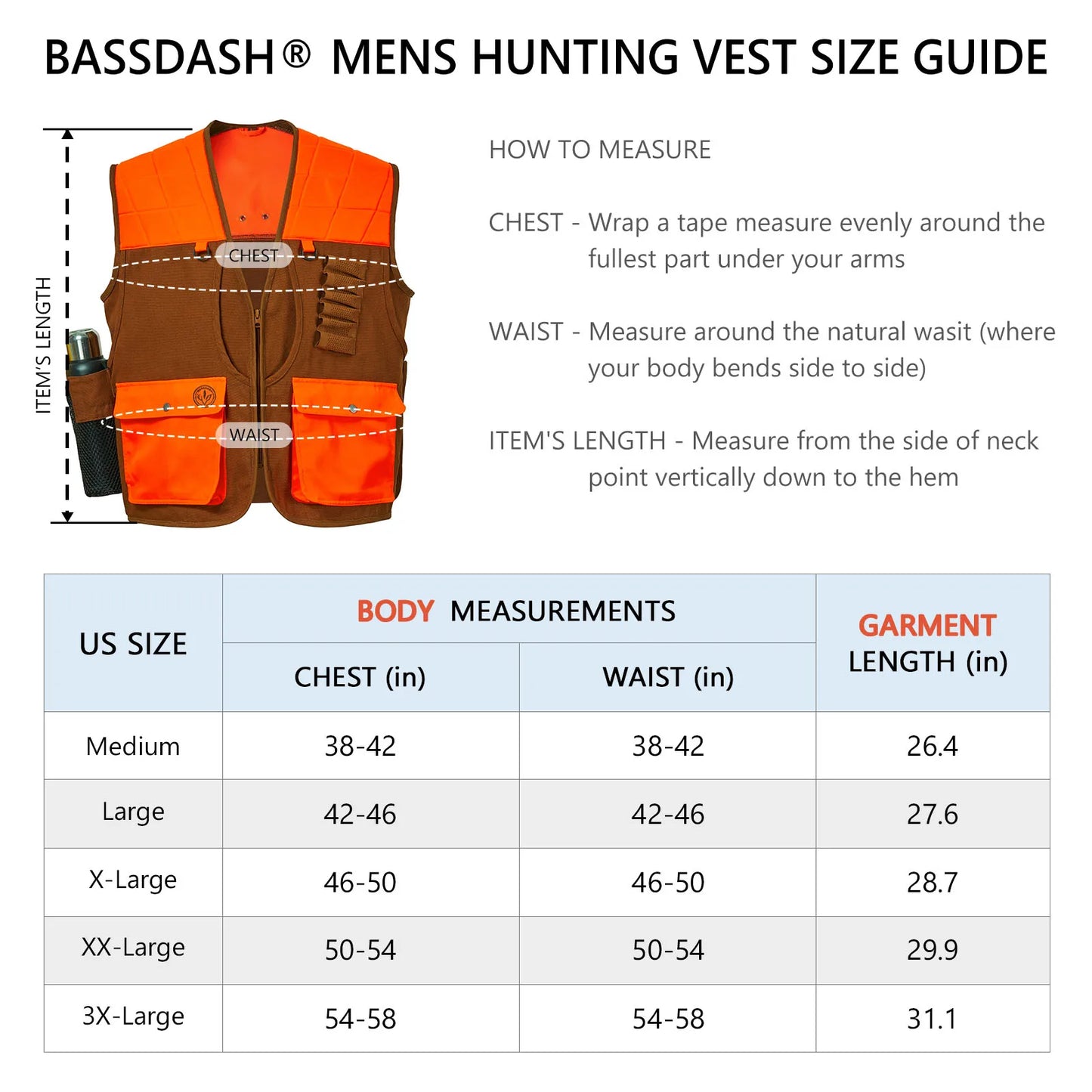 Bassdash Unisex Upland Game Field Water-Resistant Bird Hunting Vest with Multi Pockets Brown/Orange Men Women FV11