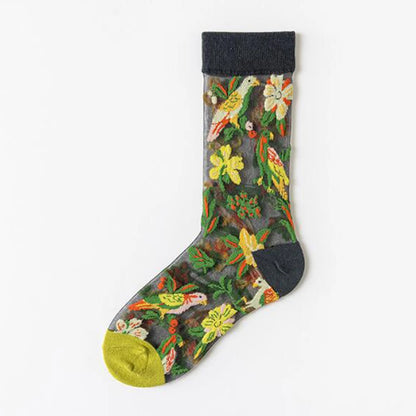 5 Pairs/Set France Hipster Design Glass Silk Floral Bird Funny Socks Women Transparent Art Ankle  Socks Jacquard