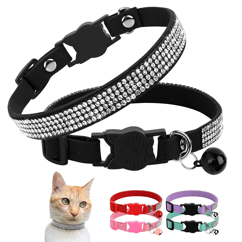 Suede Leather Cat Collar Bling Rhinestone Cats Collars with Bell Safety Breakaway Pet Puppy Necklace Adjustable XS S Pink Soft