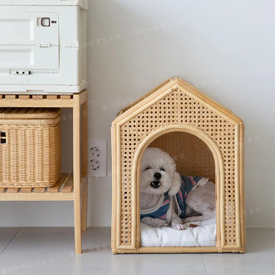 House Pet Bed Roof Kennel Rattan Cat Cat Bed Kitten Puppy Handmade Rattan Bed ins Korean Natural Rattan