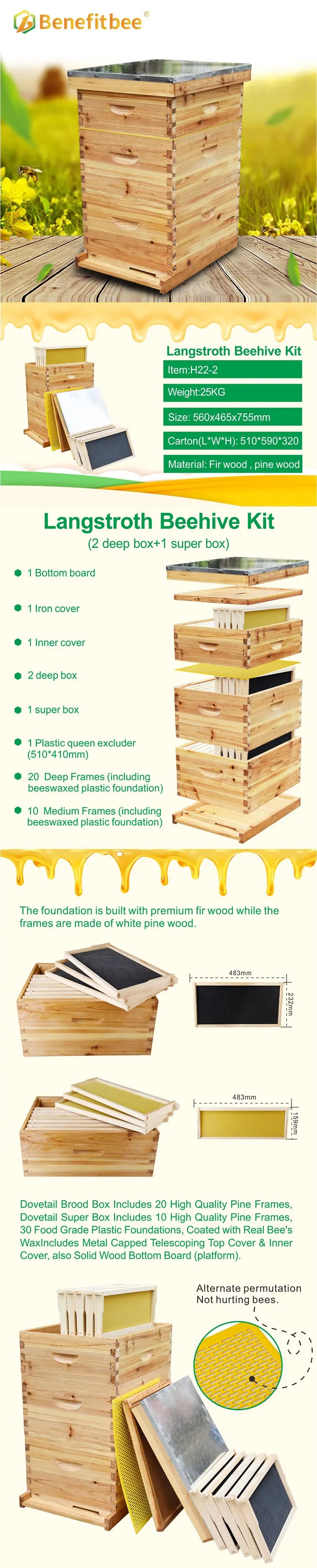 Benefitbee beekeeping 3 layers Langstroth beehive kit with 1 deep box and 2 super boxes bee hive complete
