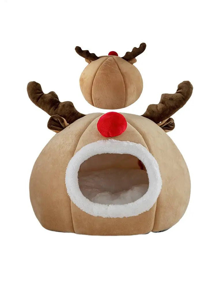 Christmas Winter Cat Cave Bed Dog Tent Christmas Reindeer Tent Washable Removable Cushion for Indoor Small Dogs And Cats