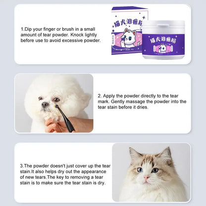 60g Pet Tear Stain Remover Powder  Dogs Cats Eye Cleaner Tear Stain Powder With Brush Pet Eye Risen Natural Safe Dog Eye Wash