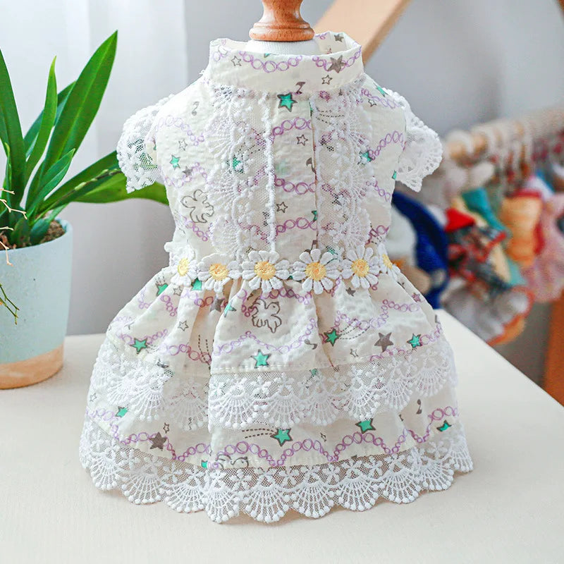 Floral Summer Clothes for Small Dogs Short Sleeve Lace Pink Sphinx Cat Dresses Princess Party Wear Breathable Pet Clothing