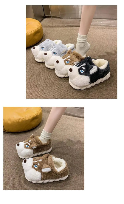 Winter Home Couple Shoes Women's Fluffy Dog Slippers Girl Animal Fur Slides Kawaii Funny Furry Shoes Woman Plush Booties Slipper