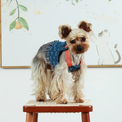 New Dog Harness and Leash Set for Small Dogs, Dark Wash Denim Puppy Dog Vest Harness Tassels Pet Jeans Butterfly Harness