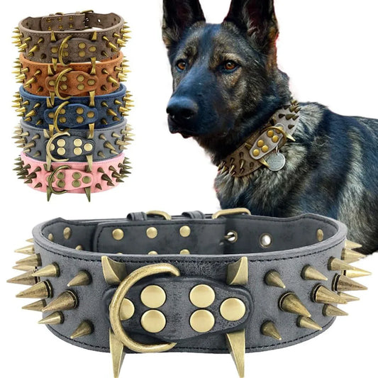 Spike Dog Collar with Big Sharp Spikes for Large Dogs Adjustable PU Leather Spiked Collar Luxury 2 Inch Wide Studded Dog Collars