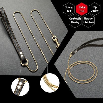 Dog Chain Leash for Dog Collar 18K Gold Sliver Cuban Link Anti-Bite Metal Strong Dog Leash for Walking Training Small Medium Dog