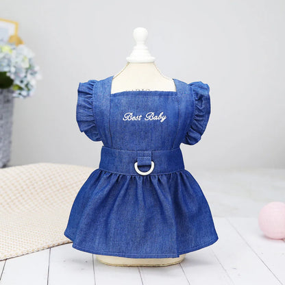 Dog Dress for Small Dogs Girl Clothes Dog Denim Dress Puppy Skirts Summer Pet Dress with Harness Hole for Small Medium Dogs Cats