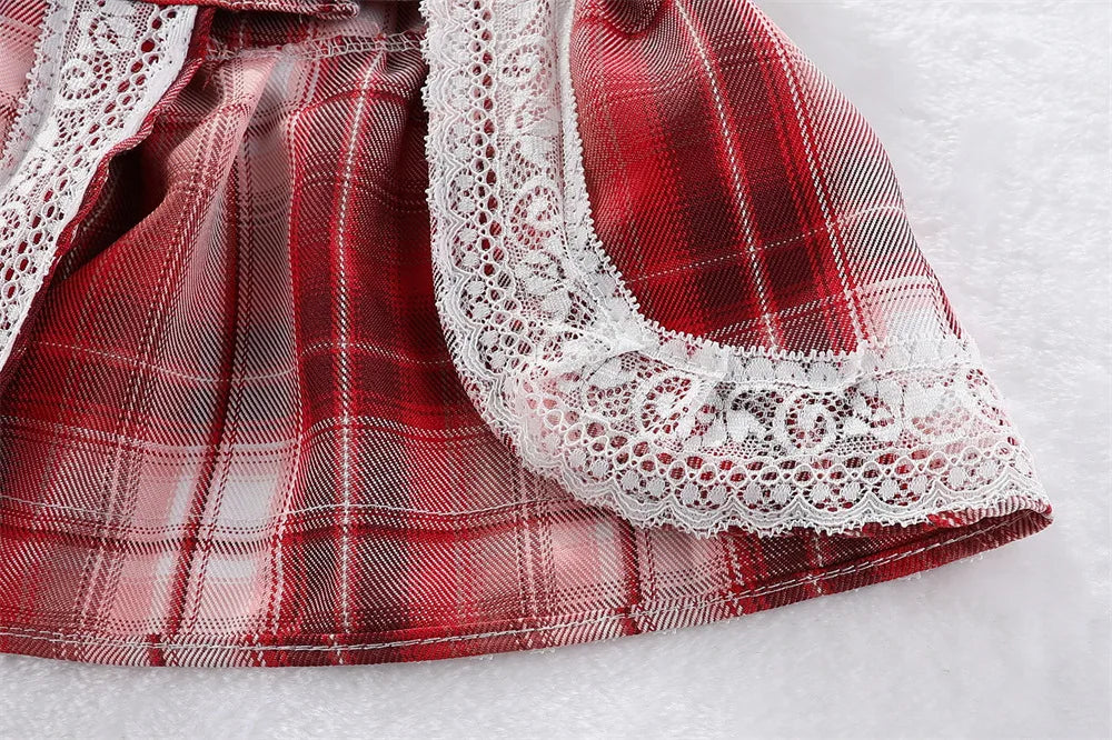 Plaid Dog Dress Bowtie Harness Dress for Small Dogs Cats Girl Cute Lace Trim Princess Dresses Spring Summer Puppy Rabbit Clothes