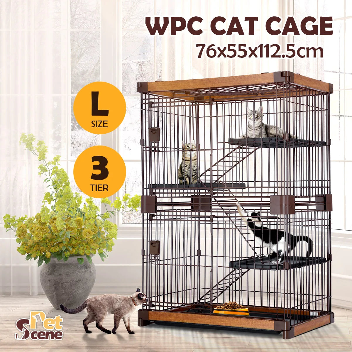 Pet Scene Large 3-Tier Pet Enclosure with WPC Frame and Iron Wire Button Closure Rabbit Hutch Cat Cage Ferret Kennel for Pets