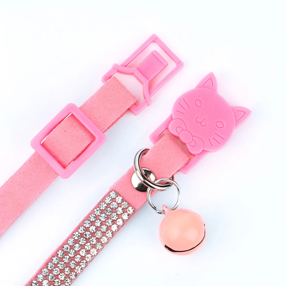 Suede Leather Cat Collar Bling Rhinestone Cats Collars with Bell Safety Breakaway Pet Puppy Necklace Adjustable XS S Pink Soft