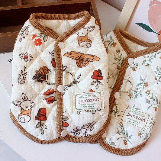Sleeveless Thick Coat for Dogs Cartoon Animal Print Puppy Clothing Pure Cotton Cat Winter Clothes Outdoor Walking Leash Overalls