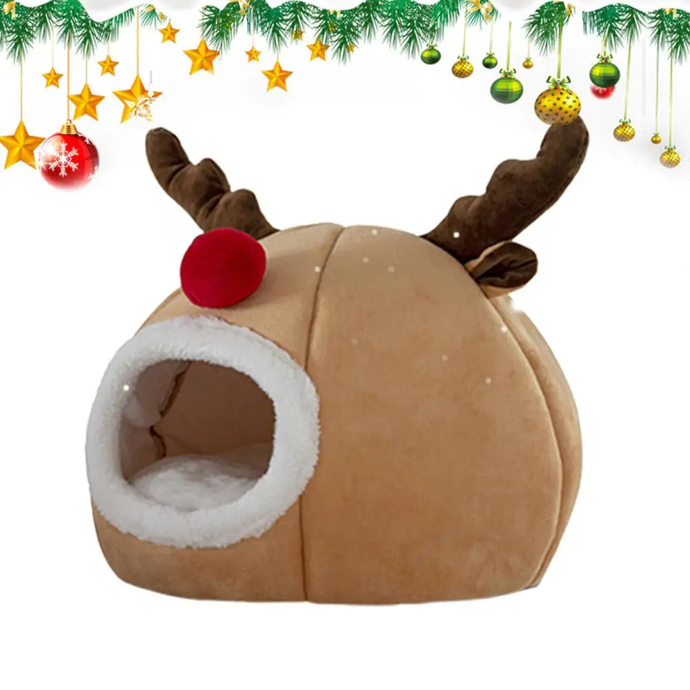Christmas Winter Cat Cave Bed Dog Tent Christmas Reindeer Tent Washable Removable Cushion for Indoor Small Dogs And Cats