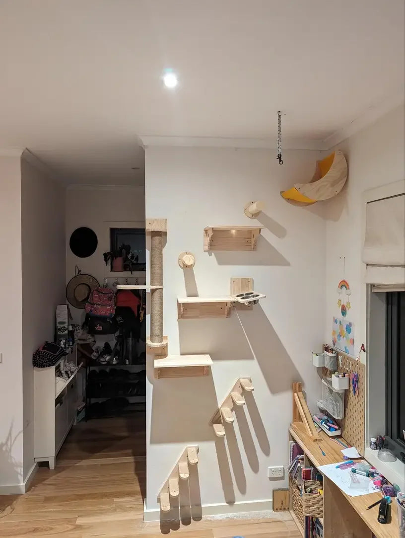 Solid Wood Wall Mounted Cat Tree Wooden Shelves Segment Ladders with Hammock and Cat House Cat Bridge for Kittens Perch Sleeping