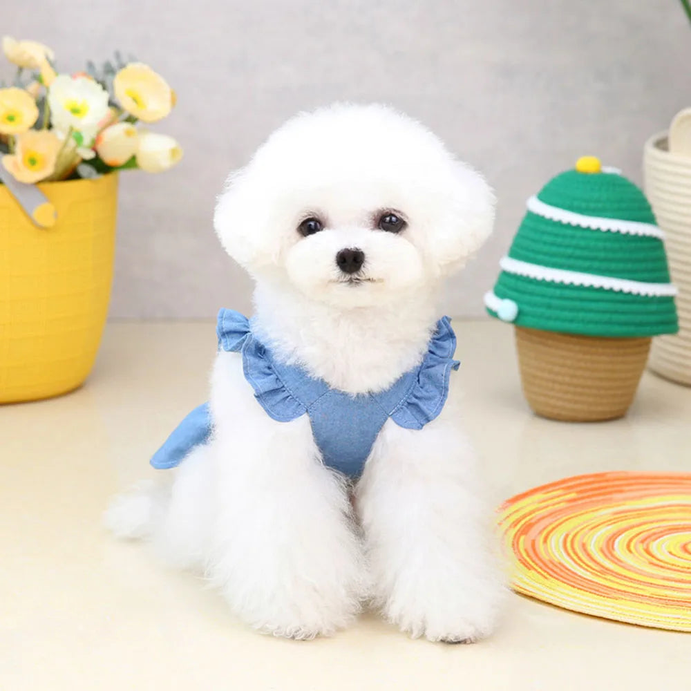 Dog Dress for Small Dogs Girl Clothes Dog Denim Dress Puppy Skirts Summer Pet Dress with Harness Hole for Small Medium Dogs Cats