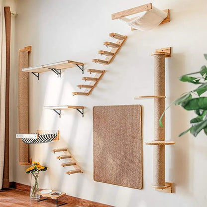 Cat Wall Mounted Furniture Hammock Climbing Shelves Cat Scratching Post Wooden Stairway Shelves Sisal Ladder Cat Climbing Frame