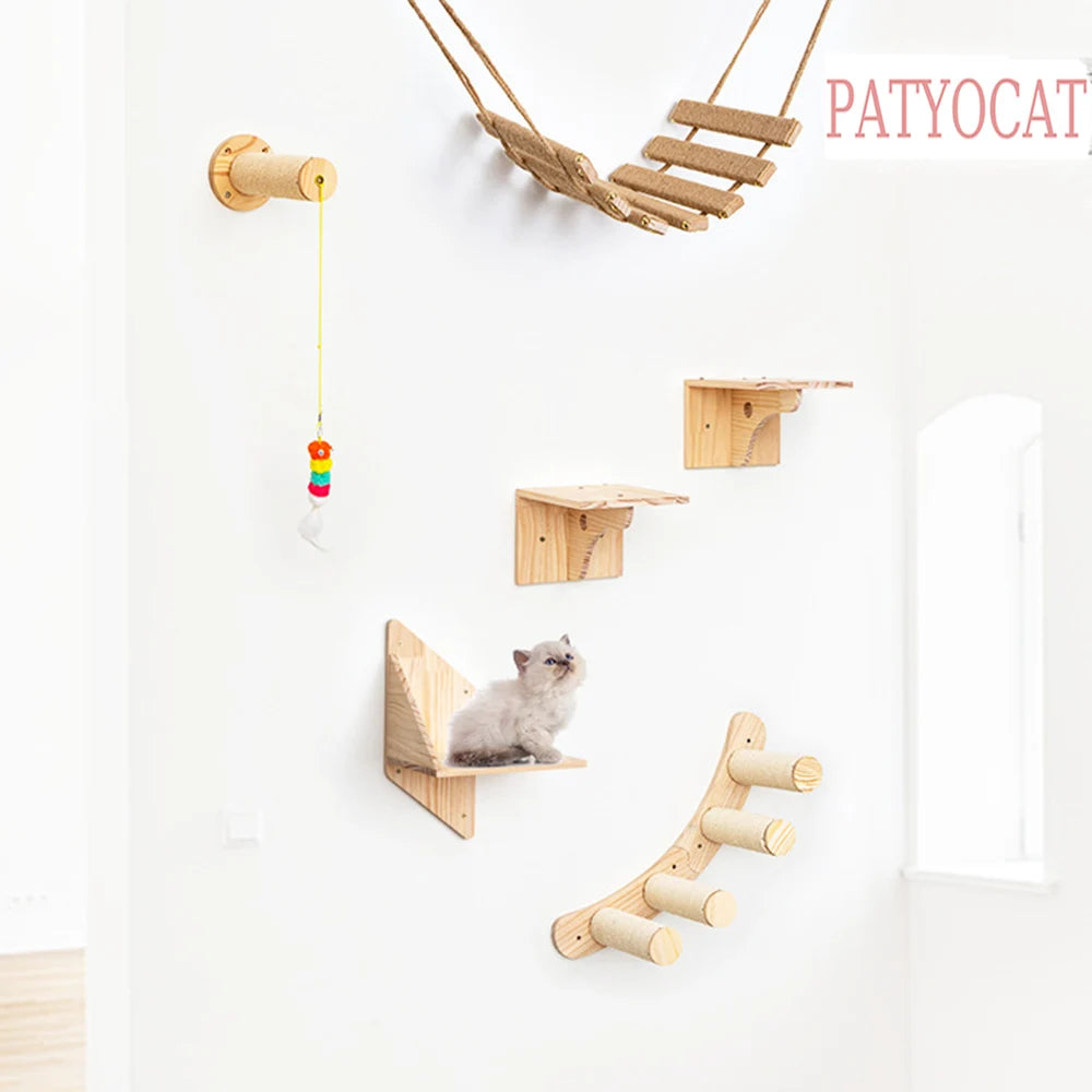 Cat Climbing Shelf Furniture Wall Mounted Cat Hammock and Wooden Stairway with Scratching Post for Cats Indoor Playing and Rest