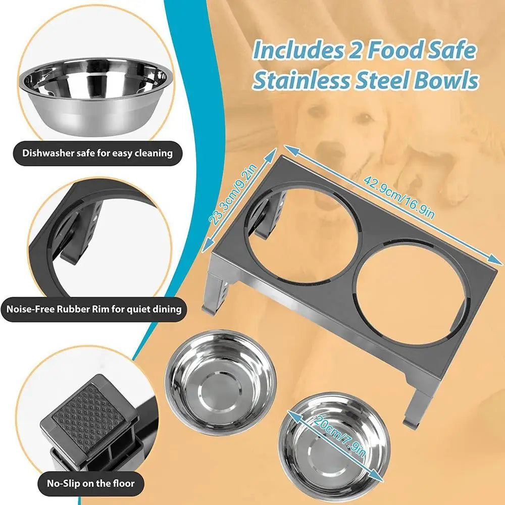 Elevated Stainless Steel Pet Feeding Bowls Height Adjustable Dog Bowl with Stand Cat Bowls Food Water Set with Two Bowls