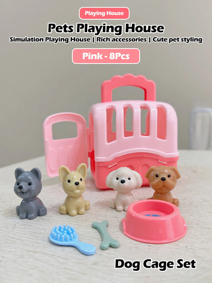 8pcs/set Cute Dog Pet Basket Family Toys Dog Doll Set Dog Cage Toys Scene Playing Toys Christmas Decoration Gifts