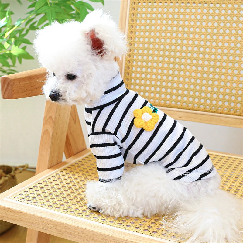 Knitting Flower Pet Dog Clothes Striped High Collar Cat Sweatshirt Autumn Winter Bottom Coat Chihuahua T Shirts for Small Dogs