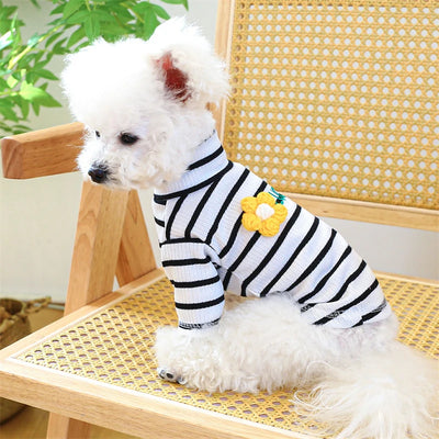 Knitting Flower Pet Dog Clothes Striped High Collar Cat Sweatshirt Autumn Winter Bottom Coat Chihuahua T Shirts for Small Dogs