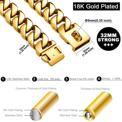 Strong 32mm Wide Gold Dog Chain Collars  Heavy Stainless Steel Dogs Choker Pitbull Gold Dog Necklace For Large Huge Dogs