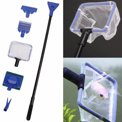 5 in 1 Aquarium Tank Cleaner Set Fish Net Gravel Rake Algae Scraper Fork Sponge Brush Glass Cleaner For Aquarium Cleaning Tools