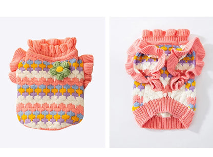 Knitted Flower Pet Dog Sweaters Orange Winter Warm New Year Clothing for French Bulldog Outfits Fancy Small Puppy Overalls