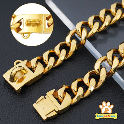 Stainless Steel Gold Dog Chain Collar, Chew Proof Pet Chains, Cuban Link, Large Dog Collars, 23mm