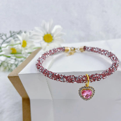 Soft Puppy Cat Collar with Heart Diamond Pendant Adjustable Luxury Reflective Bling Rhinestone Collar Crystal for Cats Small Dog