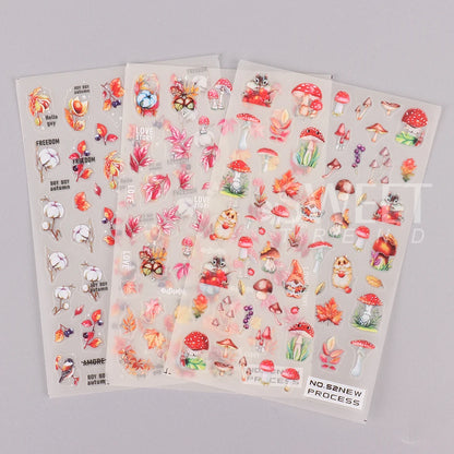 2pcs/set Autumn Maple Leaf Nail Art Sticker Bird Cotton Squirrel Mushroom Pumpkin Design Nail Decal Sliders Manicure Decoration