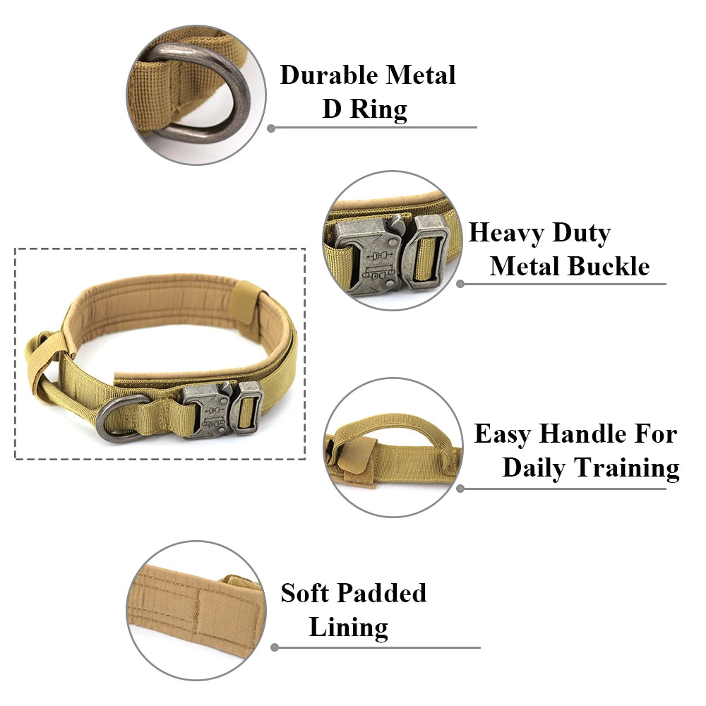 Heavy Duty Tactical Dog Collars with Handle Military K9 Collar with Patch Outdoor Training and Walking for Medium and Large Dogs