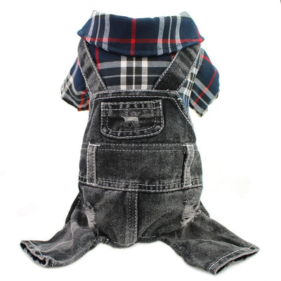 Black Dog Denim Jumpsuit Plaid Shirt Overalls for Dogs, Spring Clothes for Small Dogs Puppy Yorkie Jeans Jacket Pet Apparel