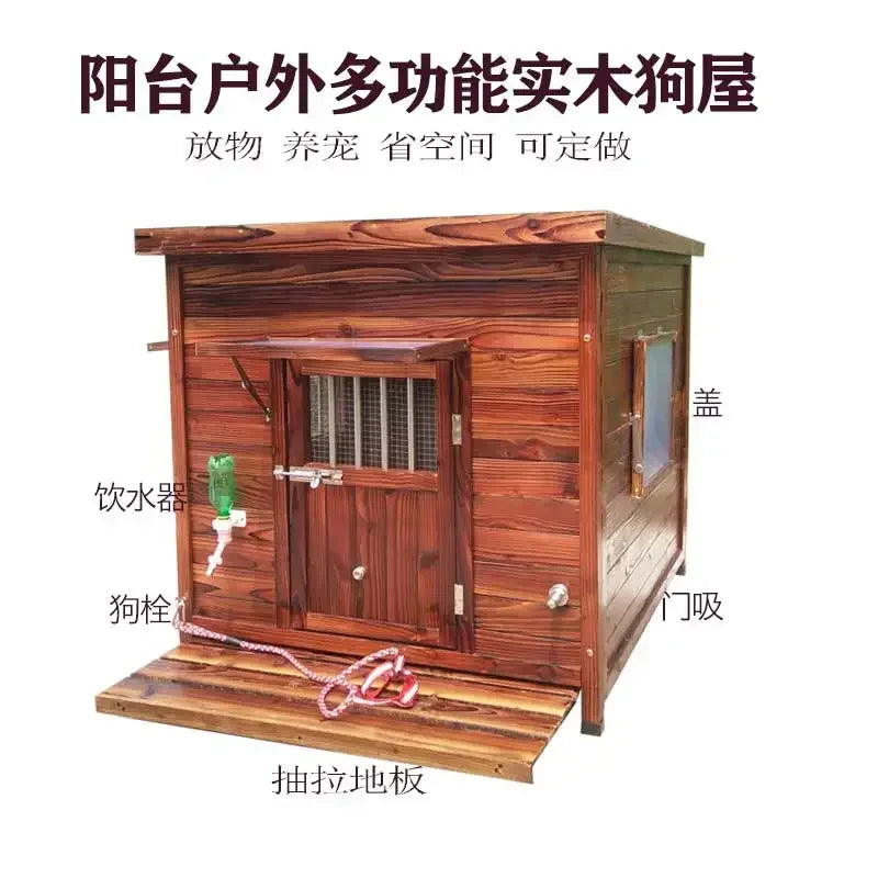 Large new solid wood kennel outdoor waterproof dog house with mat and cold-proof pet dog cage carbonized golden retriever woo