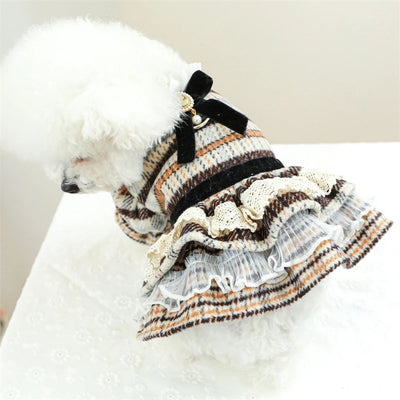 High Collar Small Dog Clothes Plaid Woolen New Year Autumn Winter Brown Overalls for Cats Maillard Fashion Girl Chihuahua Dress